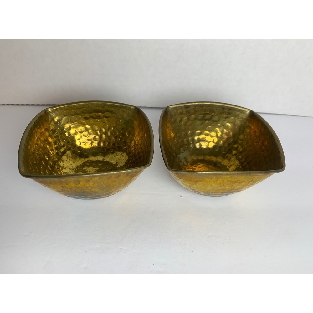 Vintage Hammered Brass Bowls Set of 2 Square Decorative Catchall Dishes Gold